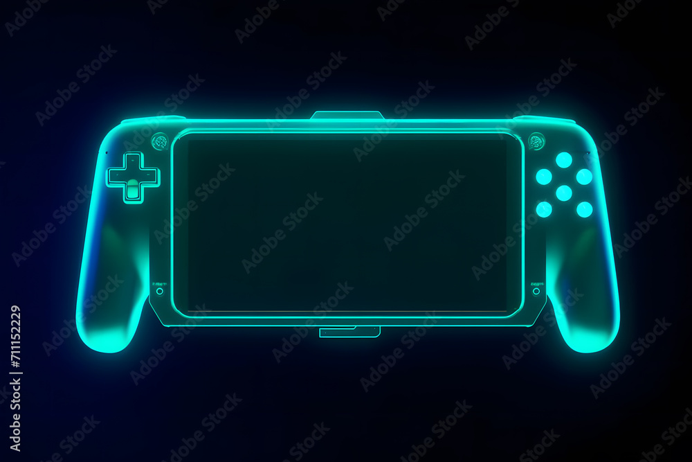 Fototapeta premium Neon game controller or joystick for game console. Neural network AI generated art