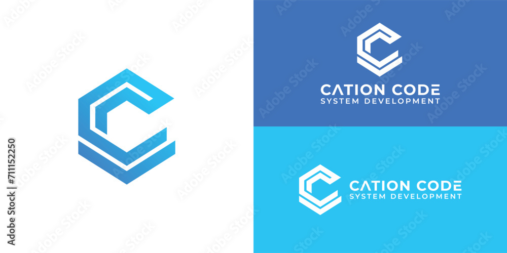 Initial letters CC rounded hexagon shape monogram blue simple modern logo presented with multiple background colors. The logo is also suitable for internet and technology company logo design template - obrazy, fototapety, plakaty 