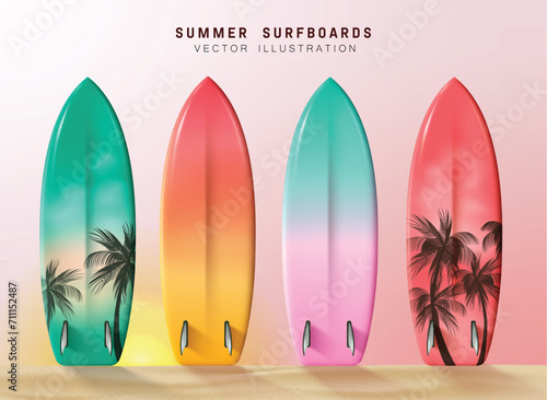Summer surfboard elements vector set design. Surfboards in pastel color collection with palm tree decoration for vacation surfing activity. Vector illustration summer surfboard collection. 
