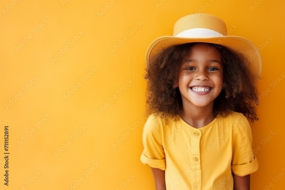 Portrait of a cute little african american girl wearing hat over yellow background Portrait of a cute little african american girl wearing hat over yellow background