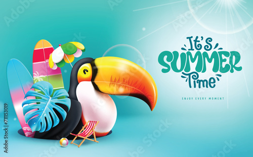 Summer time text vector design. It's summer time enjoy every moment text with toucan bird and surf board beach elements. Vector illustration summer time seasonal background.
