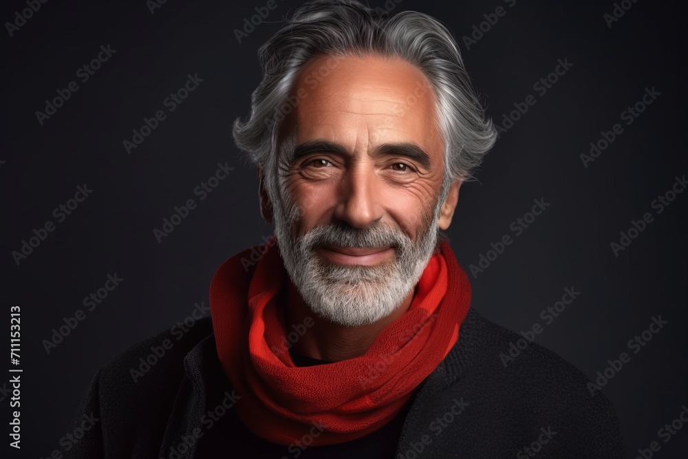 Portrait of a handsome senior man with grey beard and red scarf.