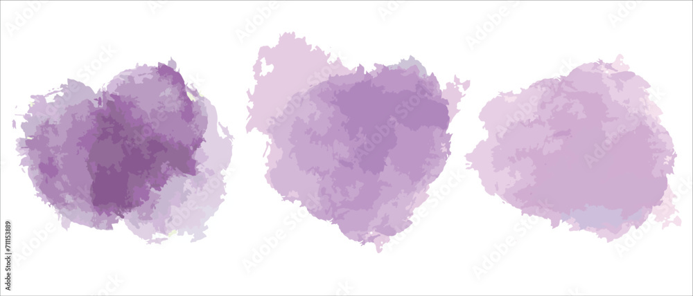 Set of abstract purple watercolor water splash on a white background. Vector watercolor texture color. Ink paint brush stain. Purple soft light blot. Watercolor violet splash