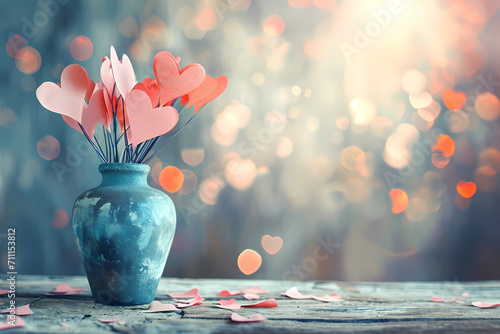 Valentine card with paper hearts in a vase photo