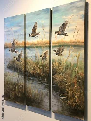 Vintage Field and Stream Canvases: Birds in Flight over Rippling Waters