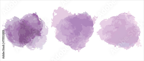 Set of abstract purple watercolor water splash on a white background. Vector watercolor texture color. Ink paint brush stain. Purple soft light blot. Watercolor violet splash