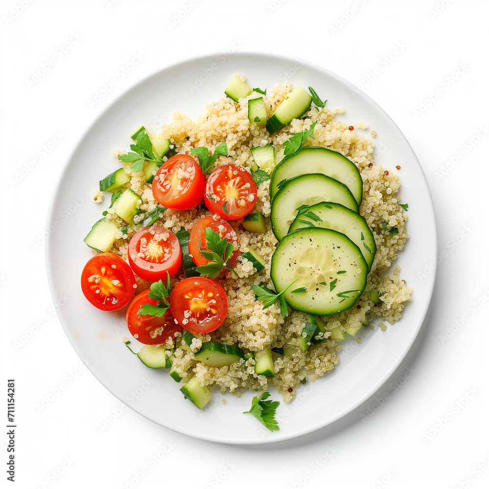 A plate of quinoa salad with sliced cucumber and cherry tomatoes top view isolated on a white background A plate of quinoa salad with sliced cucumber and cherry tomatoes top view isolated on a white background