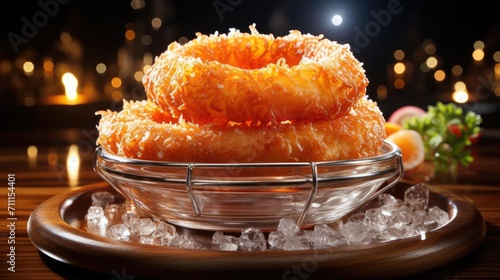 Delicious crispy onion rings, black and blur background