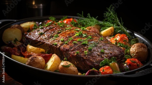 delicious pot roast meat with black and blur background