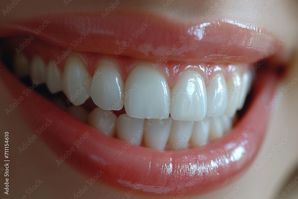 Fototapeta premium Perfect white teeth smile of a young woman. The result of the teeth whitening procedure.