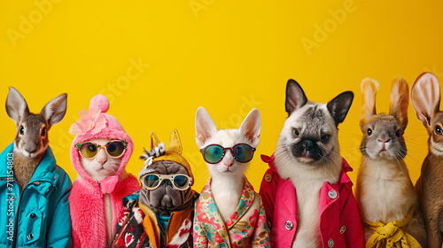 Group of animals in fashionable clothes on Solid background. photo