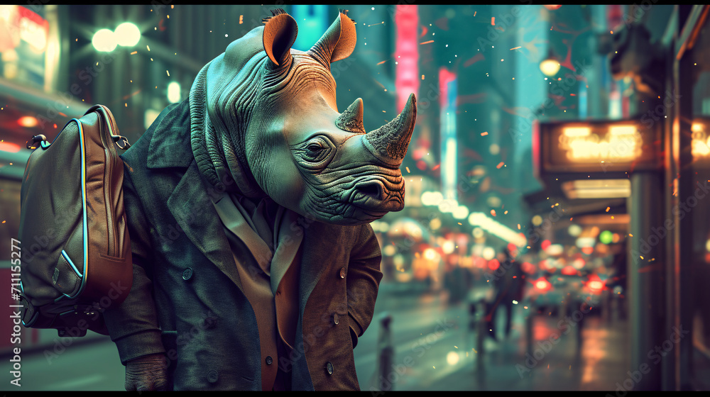 Rhinoceros in city background clothes.