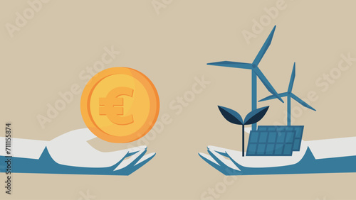 There is a coin in your hand. In his hands are sprouts, wind power and solar panels.