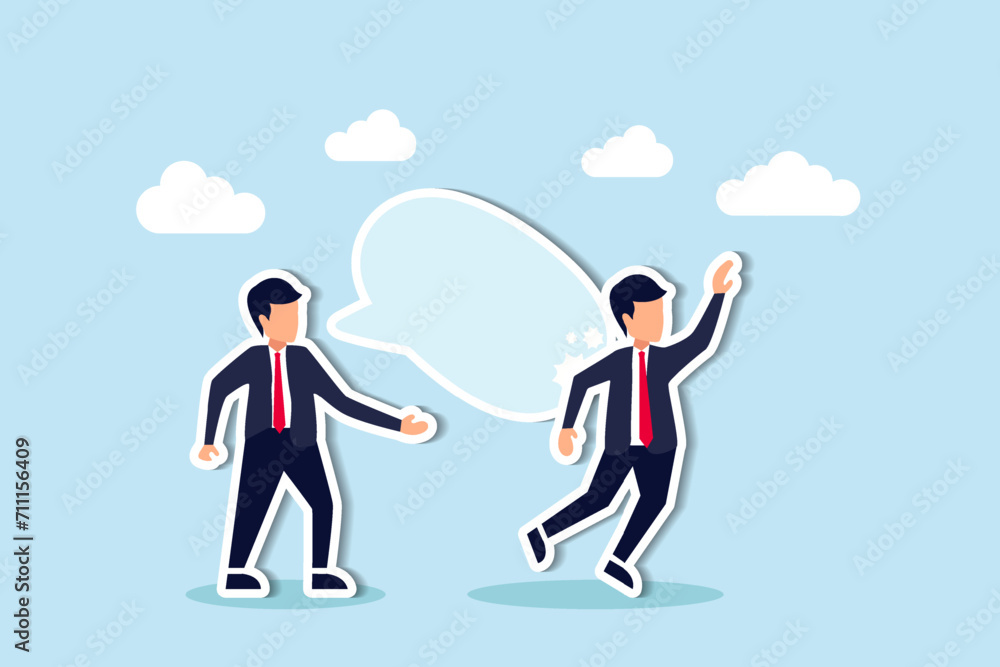 Hate speech, bullying, words or message that hurt people, aggressive management style, racism in workplace concept, bossy aggressive businessman shout with speech bubble to hurt coworker or colleague. Hate speech, bullying, words or message that hurt people, aggressive management style, racism in workplace concept, bossy aggressive businessman shout with speech bubble to hurt coworker or colleague.