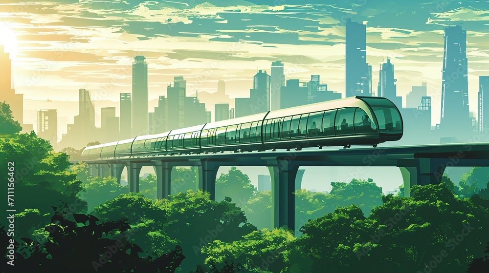 Monorail train, futuristic design, elevated road against the sky with silhouettes of skyscrapers in the background, Lots of vegetation. Eco-friendly city - obrazy, fototapety, plakaty 