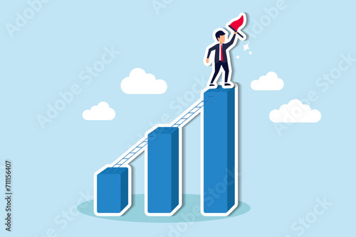 Step to grow business, ladder of success, progress, improvement or development to achieve goal, growth journey, career path concept, businessman climb up ladder step by step on graph to achieve goal.