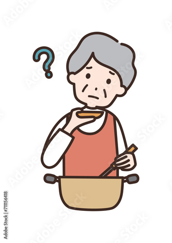 味見をしておいしくないと感じるシニア女性のイラスト