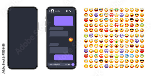 Smartphone messaging app, user interface with emoji. SMS text frame. Chat screen, violet message bubbles. Texting app for communication. Social media application. Dark mode. Vector illustration