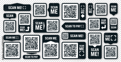 Scan me QR code sticker. Online payment. Special offer sale stickers, shopping discount label or promotional badge. Serial number, product ID. Supermarket retail label, price tag. Vector illustration