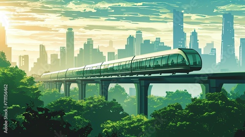 Monorail train, futuristic design, elevated road against the sky with silhouettes of skyscrapers in the background, Lots of vegetation. Eco-friendly city photo