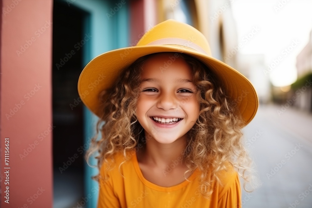 Portrait of a cute little girl in yellow hat on the street Portrait of a cute little girl in yellow hat on the street