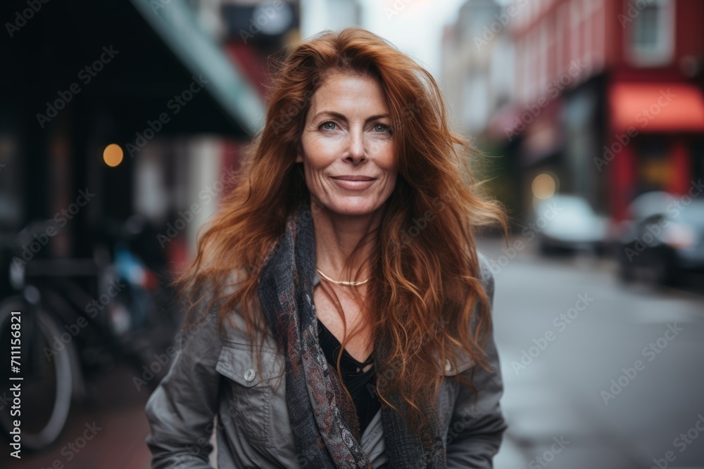 Portrait of a beautiful middle-aged woman with long red hair.