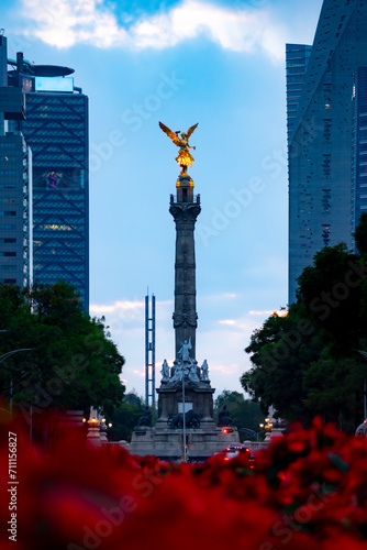 Amazing view of The Angel of Independence statue located among modern skyscrapers in Mexico city on Promenade of the Reform in winter and poinsettia flower