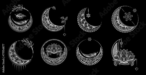 Boho style moon illustrations set on a dark background.