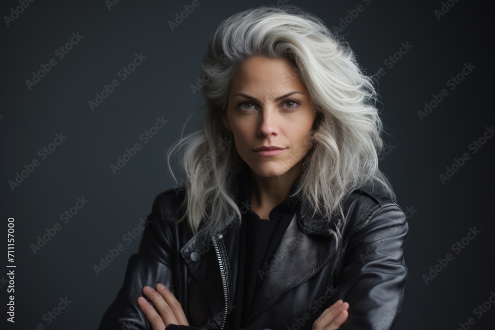 Portrait of a beautiful blonde woman in leather jacket on dark background