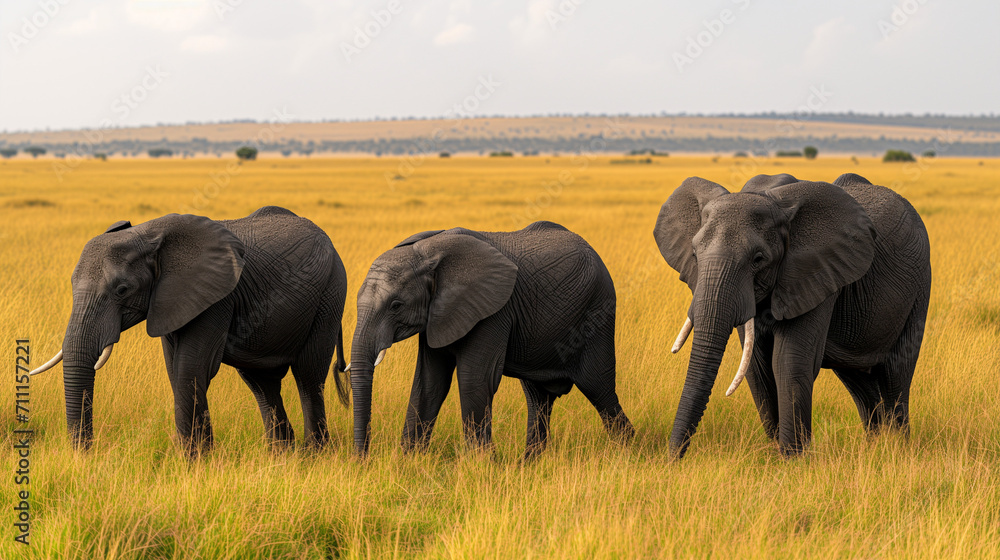 Majestic Elephants Grazing at Dusk in the Serene African Savanna Majestic Elephants Grazing at Dusk in the Serene African Savanna