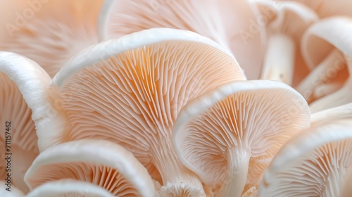 Bunch of fresh white Oyster mushrooms in closeup. Vegetarian food for healthy diet.
