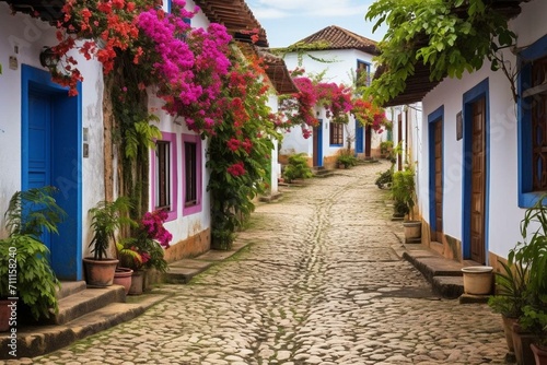 Old town street in Paraty, Rio de Janeiro. Well-preserved Portuguese colonial and Brazilian imperial city. Generative AI