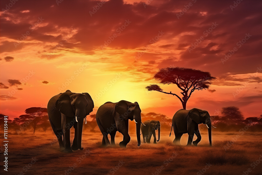 Obraz premium elephants in the sunset