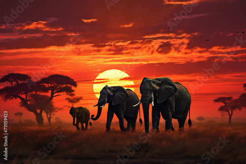 elephants in the sunset