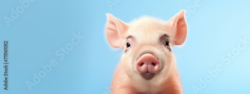 Happy cute pink pig isolated on blue background. Happy funny piglet. Exotic domestic pet. Vegan and vegetarian concept. Animal health, love of nature #711161082