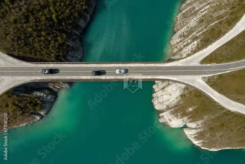 an aerial view of a vehicle crossing a bridge above Piva Lake. Generative AI photo