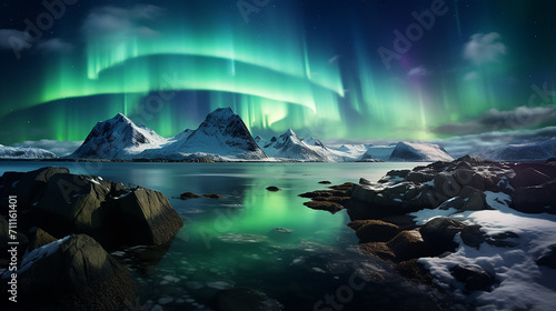 beautiful nature scene with northern lights above mountains and ocean.