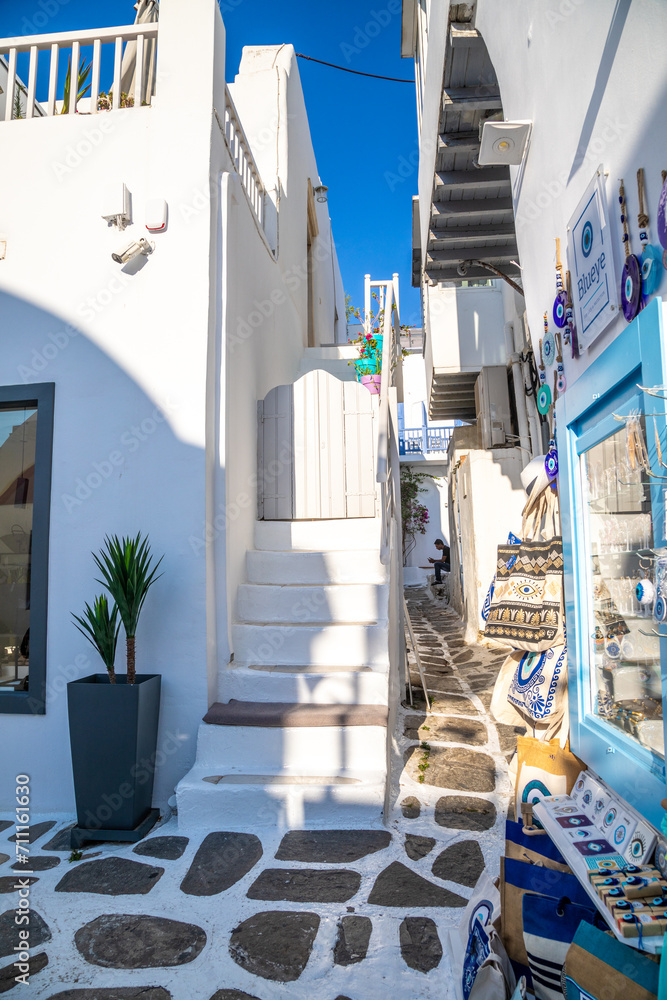 View of whitewashed cobbled street, Little Venice of Mykonos . Greek Island.
