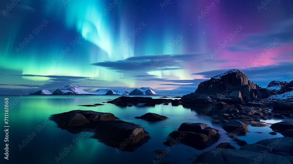 beautiful nature landscape scene with lights above mountains and ocean.