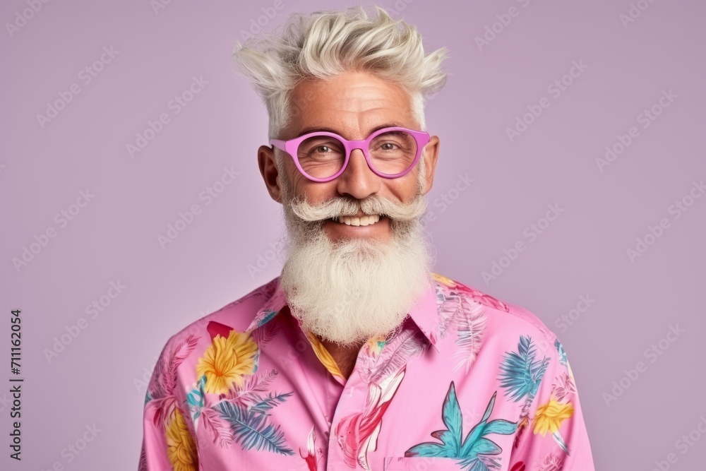 Portrait of stylish senior man with white beard and long white hair wearing colorful shirt and eyeglasses