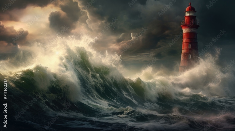 A lighthouse in the middle of a stormy sea. Generative AI.