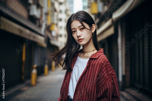 beautiful young asian woman wearing red jacket walking in the city