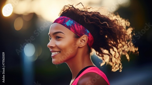 Photo Detailed shot of a workout headband made from sweatwicking fabric to keep hair and sweat out of the face during intense exercises