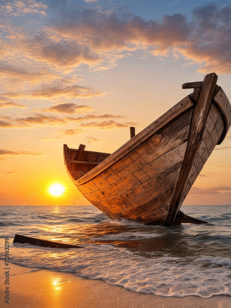 Old wooden boat on the beach at sunset. Old wooden boat on the beach at sunset.