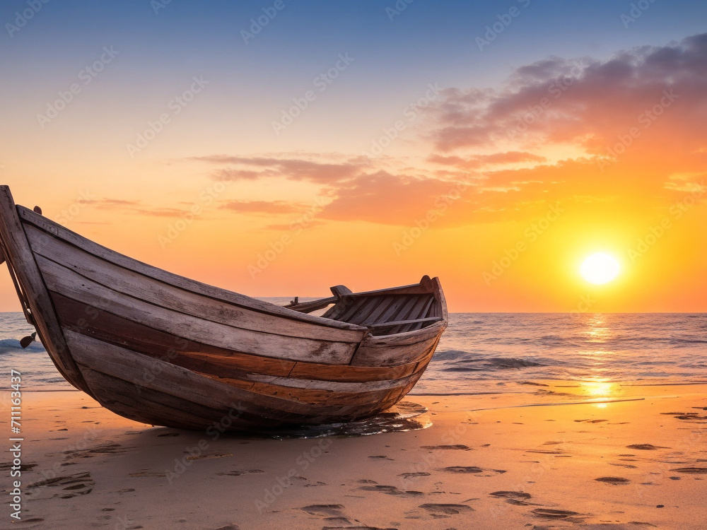 Old wooden boat on the beach at sunset.