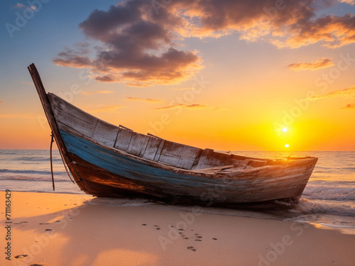 Old wooden boat on the beach at sunset