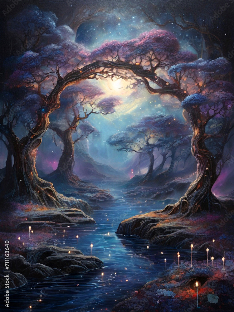 Naklejka premium Fantasy landscape with trees, moon and water. Digital painting. Created using generative AI tools