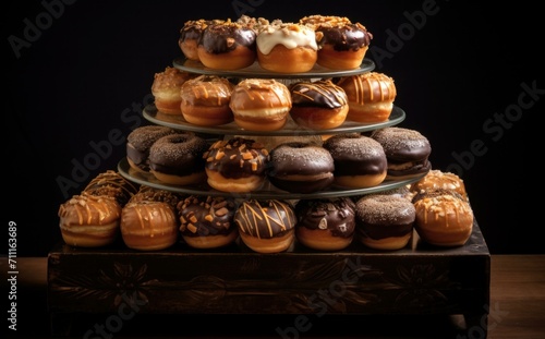 A tower of donuts on a table. Generative AI.