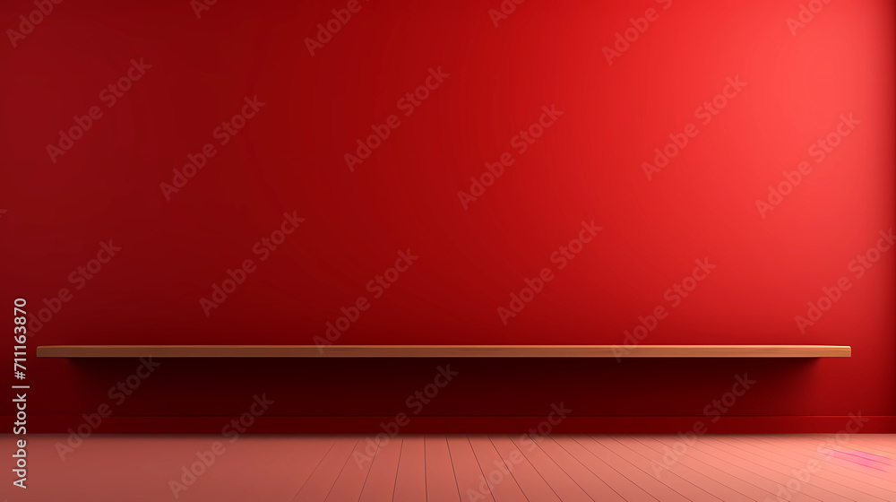Empty shelf on red wall background, banner for product display montage, template, mock up