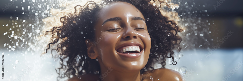 Joyful African American woman with curly hair enjoying water splashes, perfect for beauty and happiness concepts. AI Generative
